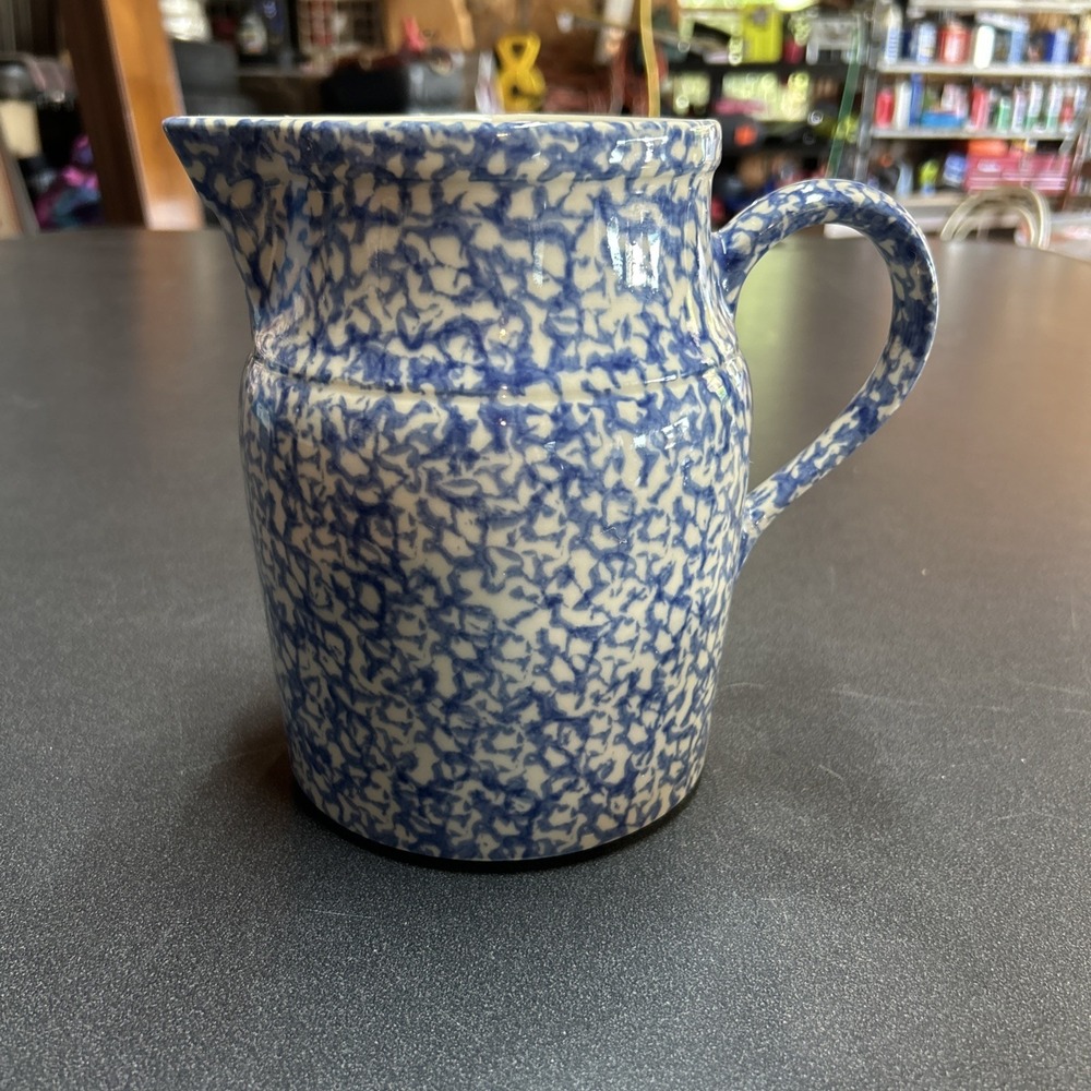 Blue Spongeware Gerald E Henn Workshops Roseville Pottery 7.5" Milk Pitcher